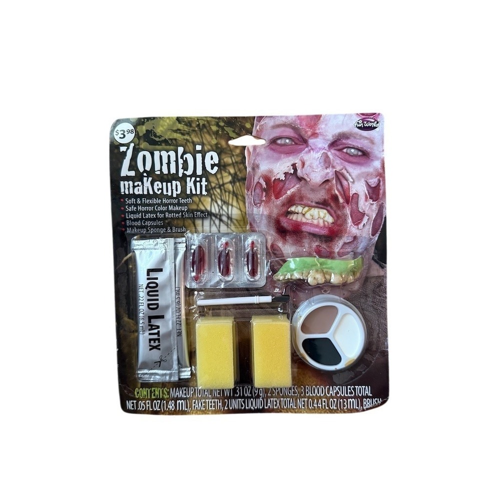 Fun World Zombie Makeup Kit Special FX Set Liquid Latex Teeth Blood Halloween